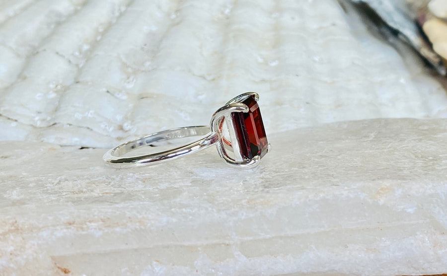 14k Natural Mozambique Garnet Emerald Cut Solitaire Ring