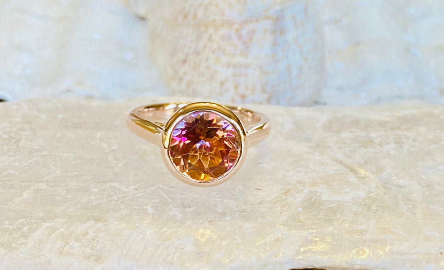 14k Round Bezel Mystic Sunrise Topaz Solitaire Ring