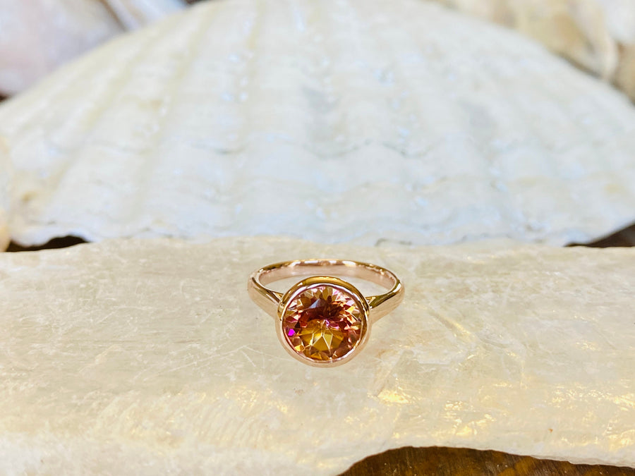 14k Round Bezel Mystic Sunrise Topaz Solitaire Ring