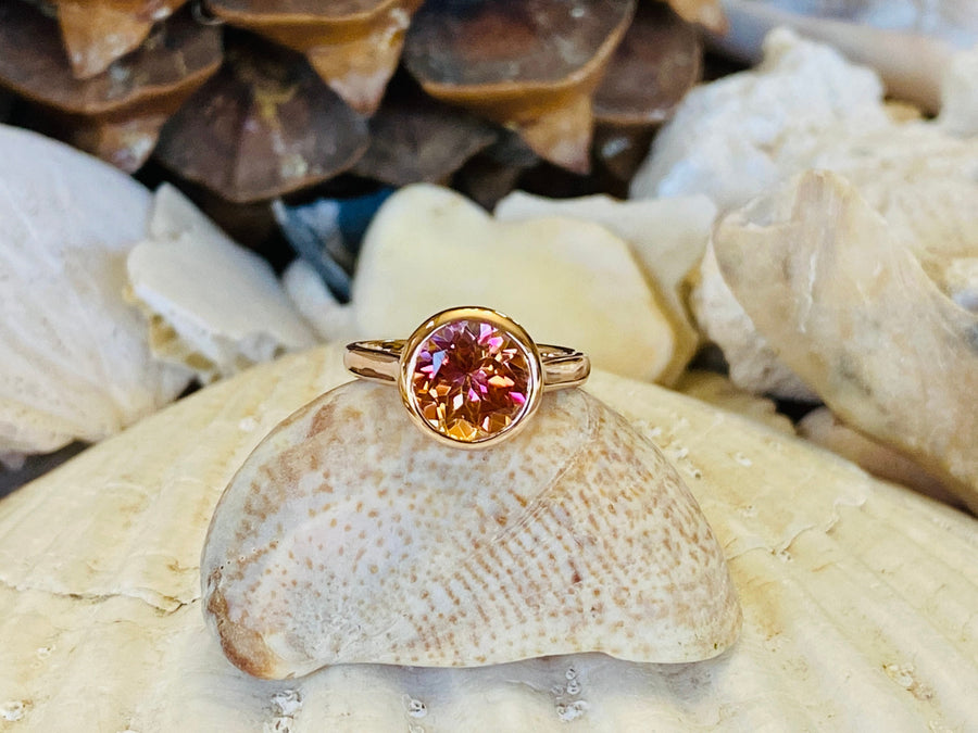 14k Round Bezel Mystic Sunrise Topaz Solitaire Ring