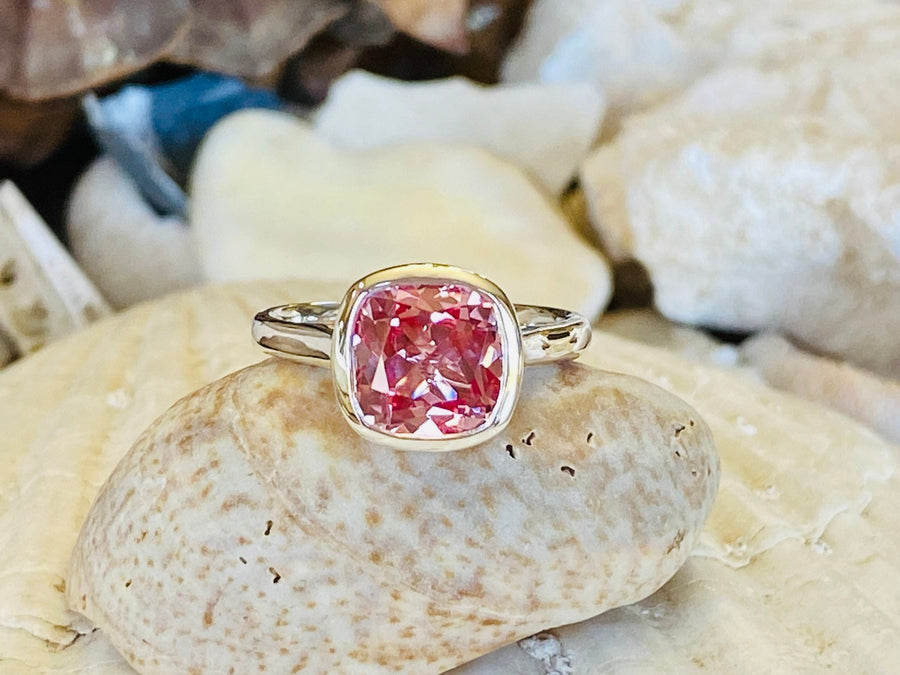 14k Cushion Cut Padparadscha Pink Sapphire Bezel Ring