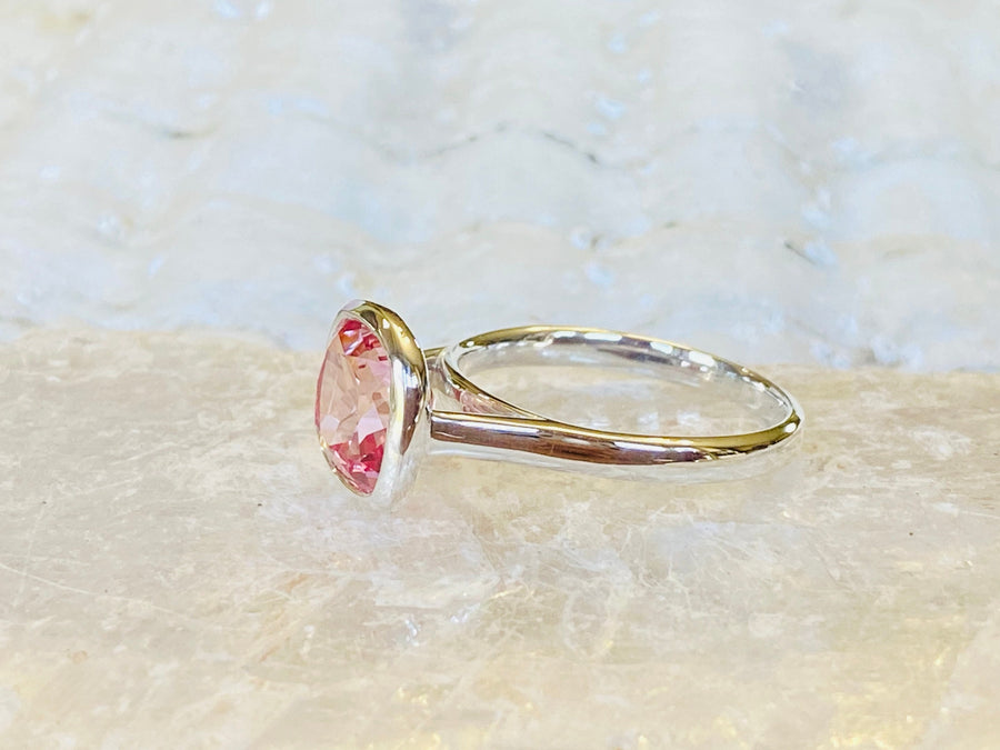 14k Cushion Cut Padparadscha Pink Sapphire Bezel Ring