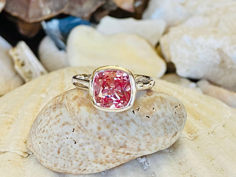 14k Cushion Cut Padparadscha Pink Sapphire Bezel Ring