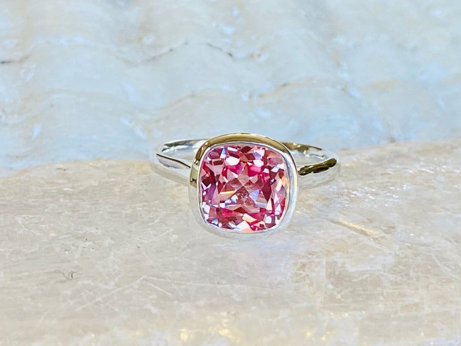 14k Cushion Cut Padparadscha Pink Sapphire Bezel Ring