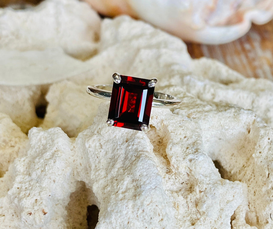 14k Natural Mozambique Garnet Emerald Cut Solitaire Ring