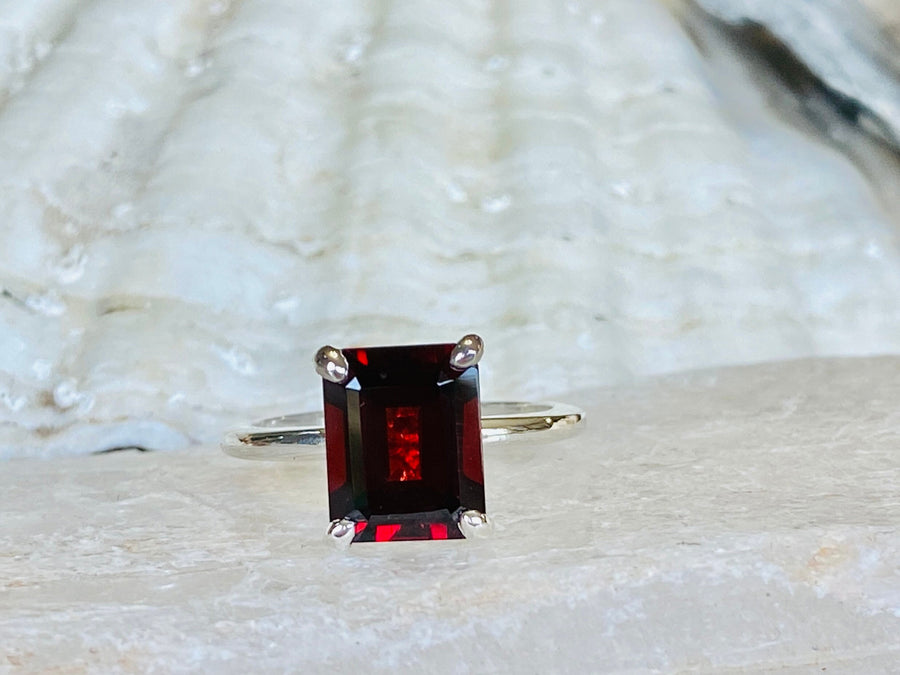 14k Natural Mozambique Garnet Emerald Cut Solitaire Ring