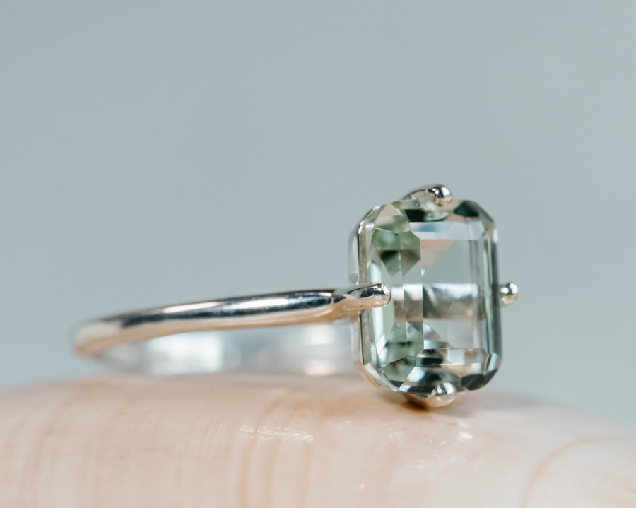 14k Emerald Cut Prasiolite Green Amethyst Compass Solitaire Ring 3.00ct