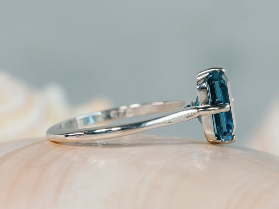 14k Emerald Cut London Blue Topaz Solitaire Ring, Compass Set