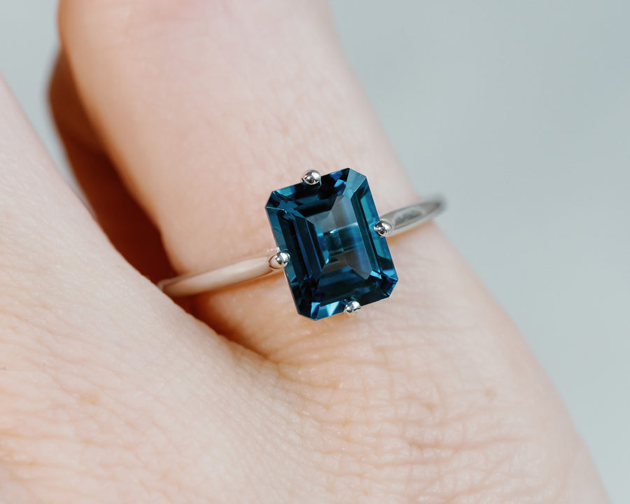 14k Emerald Cut London Blue Topaz Solitaire Ring, Compass Set