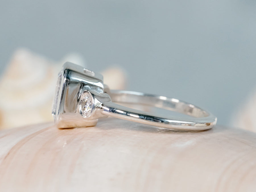 Moissanite Emerald Cut Three Stone Engagement Bezel Ring