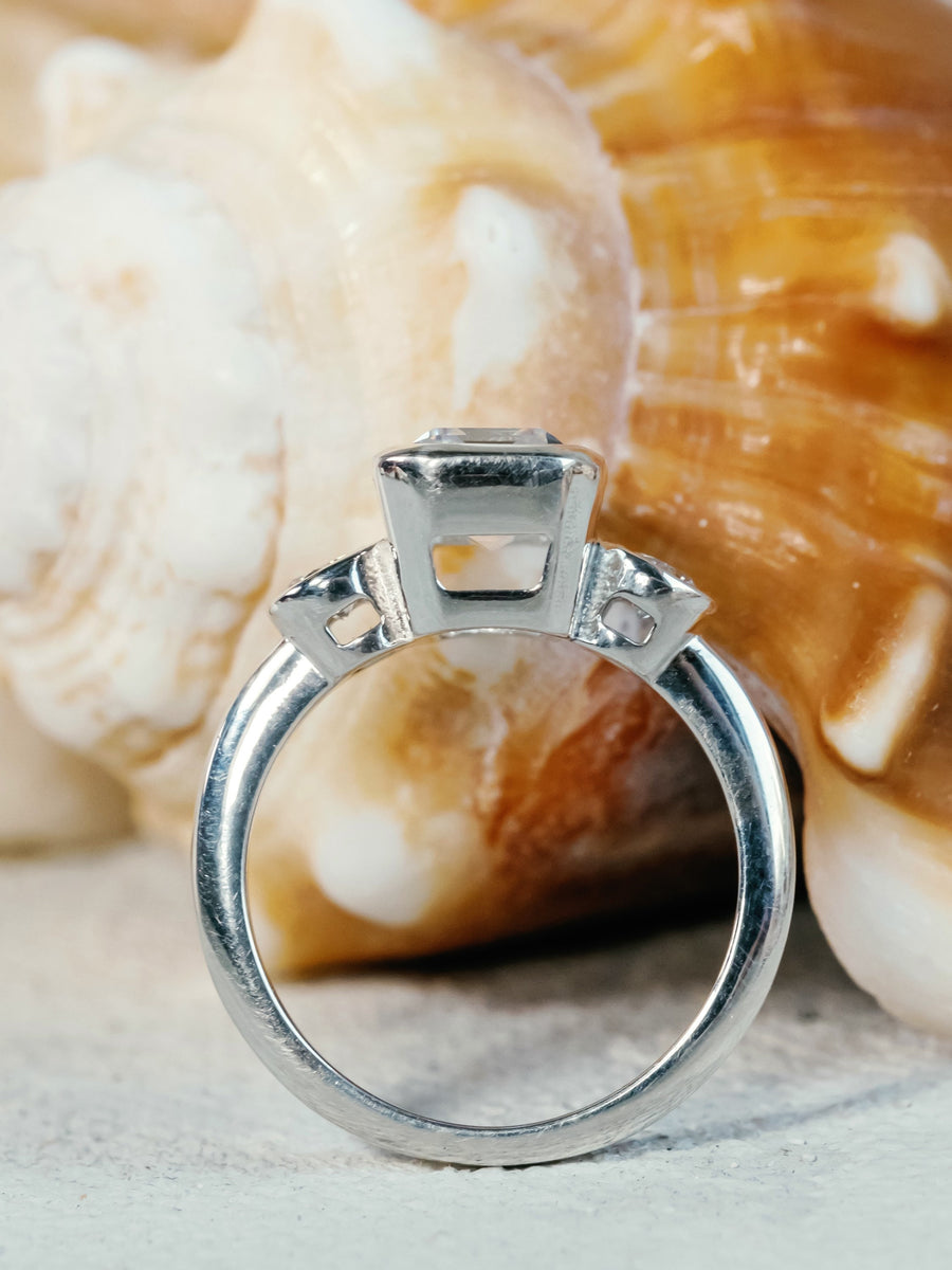 Moissanite Emerald Cut Three Stone Engagement Bezel Ring