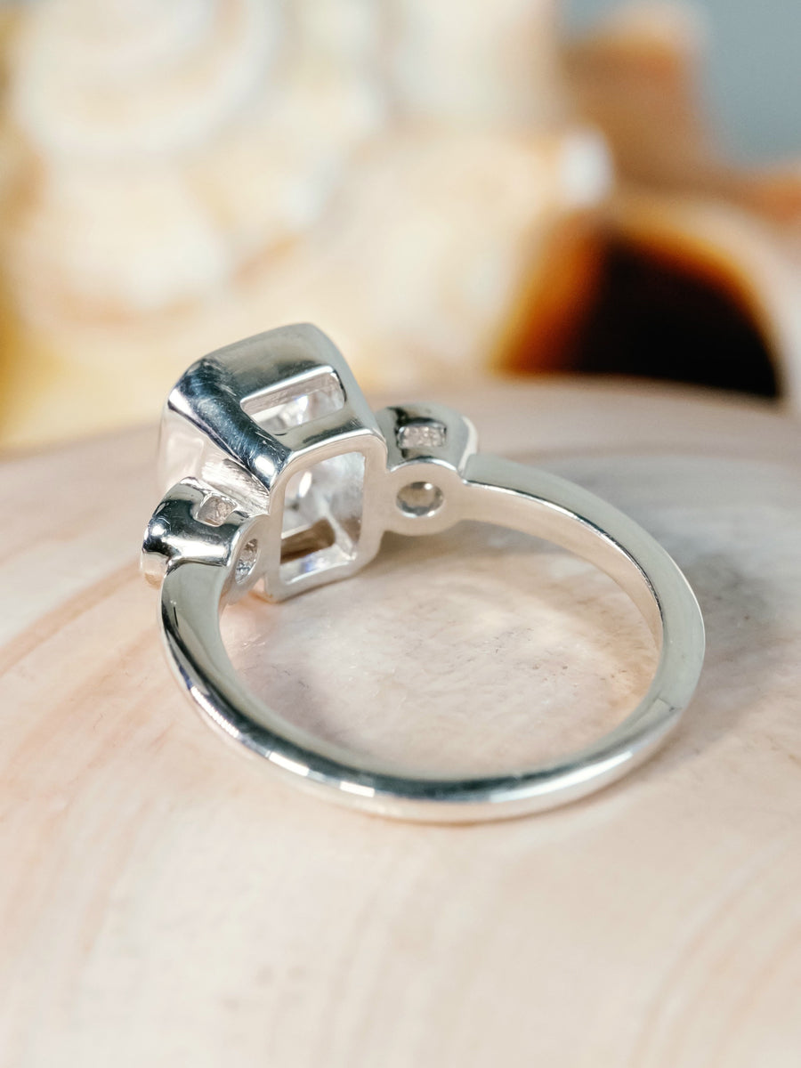 Moissanite Emerald Cut Three Stone Engagement Bezel Ring