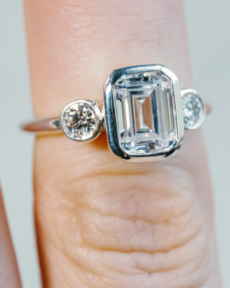 Moissanite Emerald Cut Three Stone Engagement Bezel Ring