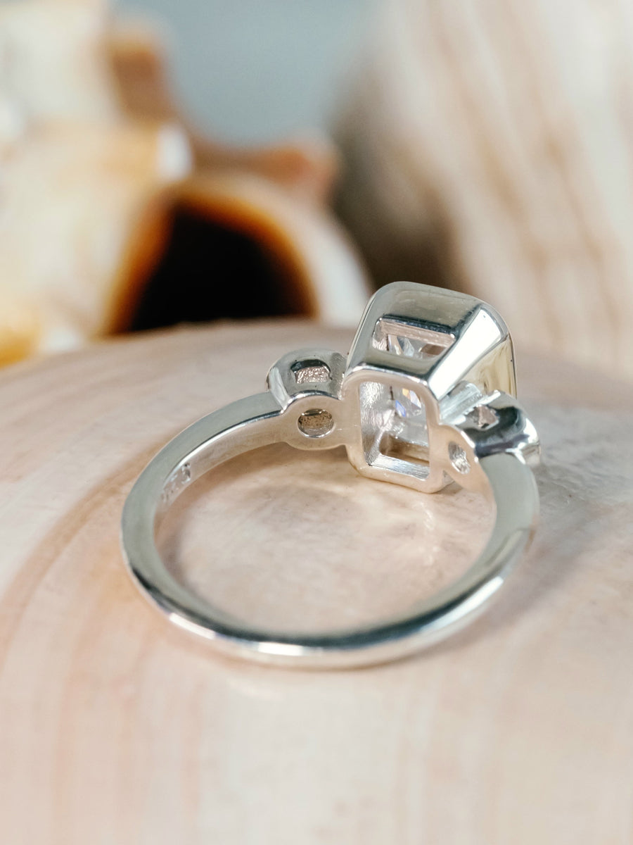 Moissanite Emerald Cut Three Stone Engagement Bezel Ring