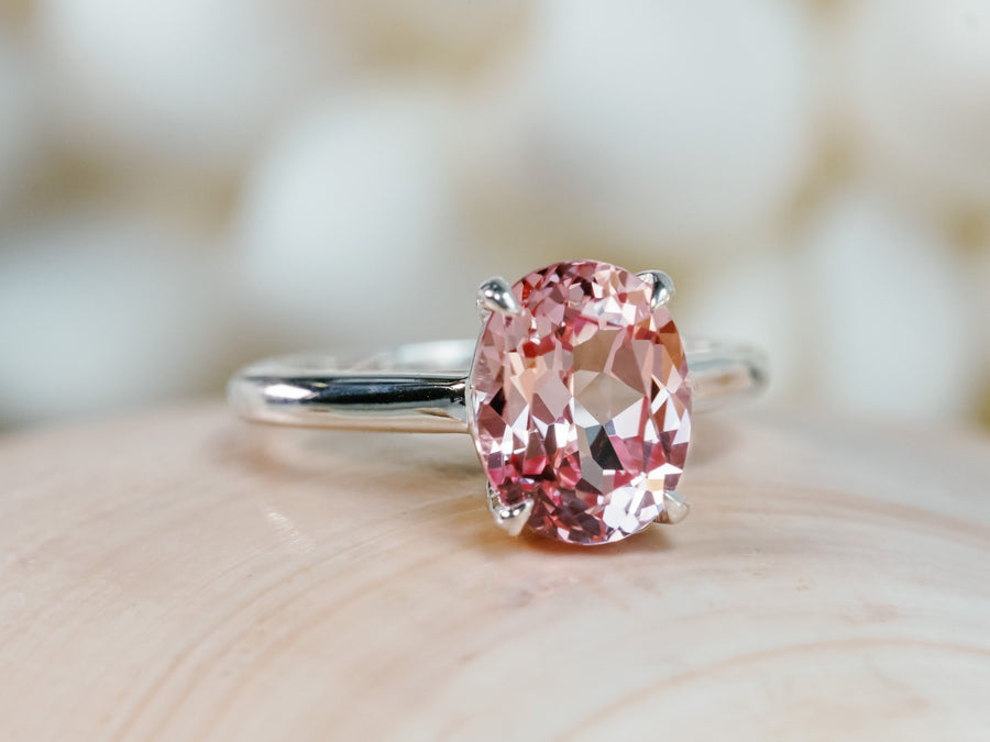 14k Oval Pink Padparadscha Sapphire Solitaire Cathedral Setting Ring