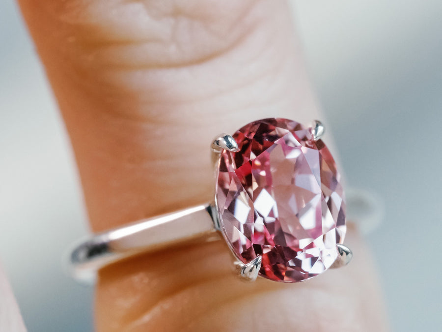 14k Oval Pink Padparadscha Sapphire Solitaire Cathedral Setting Ring