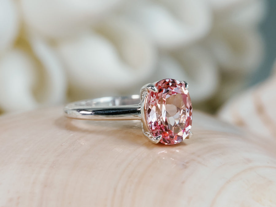 14k Oval Pink Padparadscha Sapphire Solitaire Cathedral Setting Ring