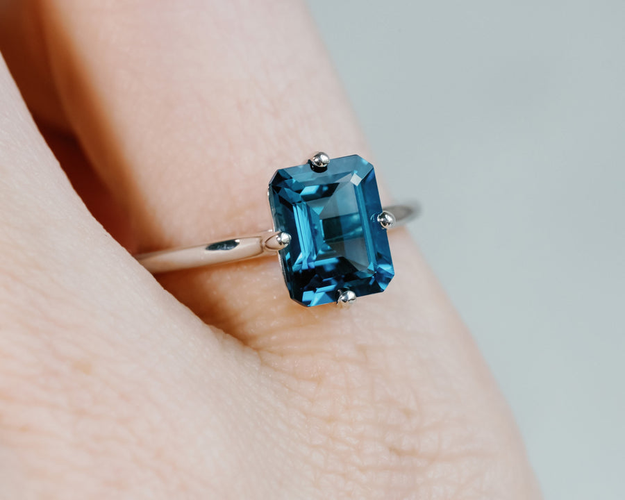 14k Emerald Cut London Blue Topaz Solitaire Ring, Compass Set