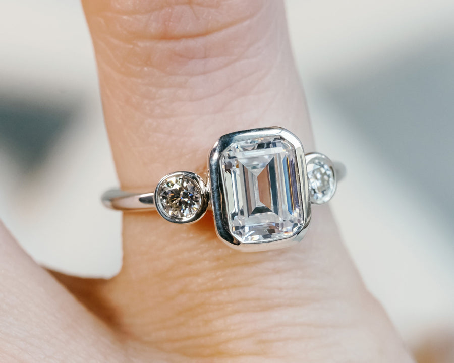 Moissanite Emerald Cut Three Stone Engagement Bezel Ring