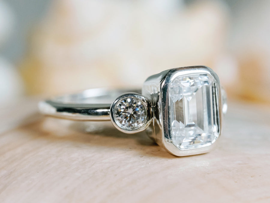 Moissanite Emerald Cut Three Stone Engagement Bezel Ring