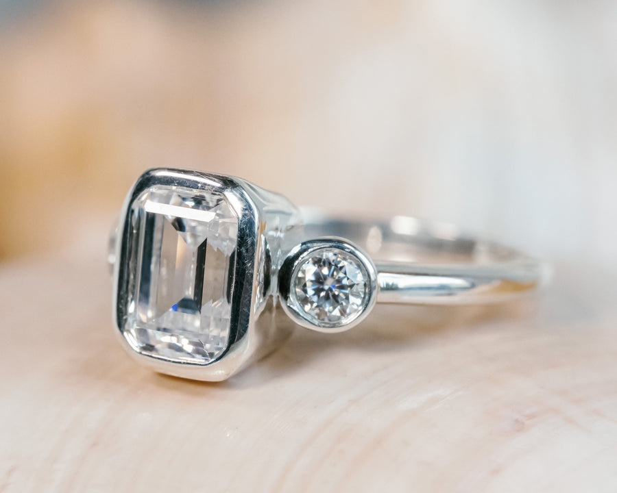 Moissanite Emerald Cut Three Stone Engagement Bezel Ring