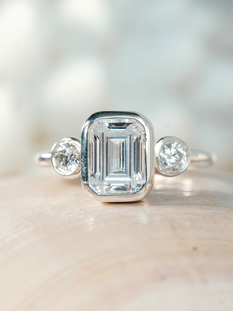 Moissanite Emerald Cut Three Stone Engagement Bezel Ring