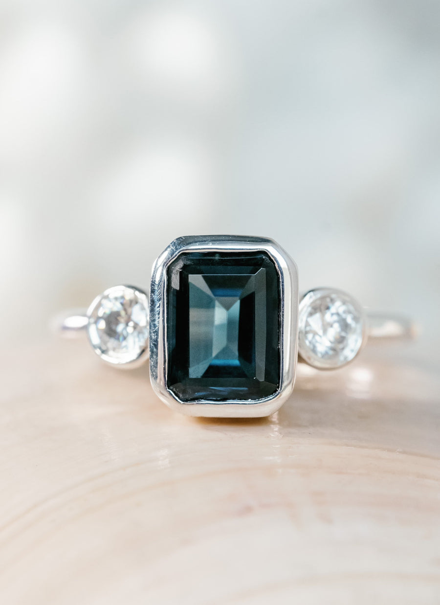 14k Three Stone Natural London Blue Topaz Ring