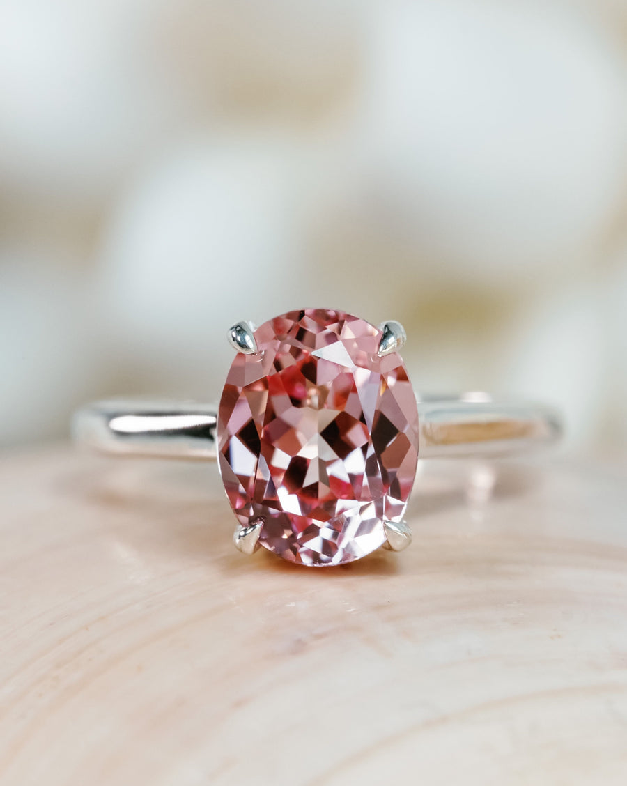 14k Oval Pink Padparadscha Sapphire Solitaire Cathedral Setting Ring